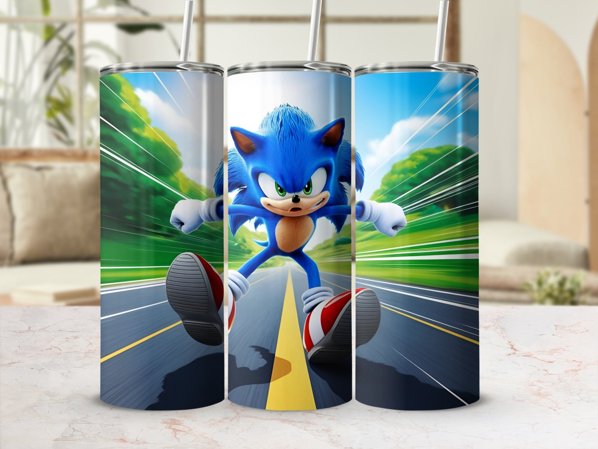 Sonic the Hedgehog running down a road with motion blur.