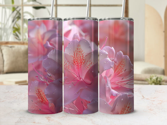 Pink floral pattern on three tumblers with straw, on a marble surface.