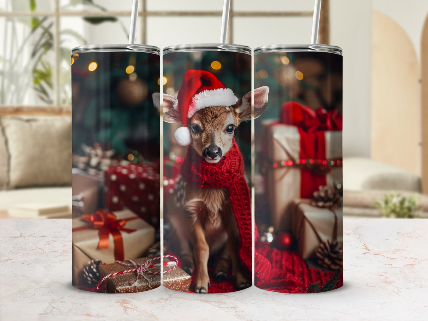Festive Christmas Deer Tumbler with Santa Hat Design