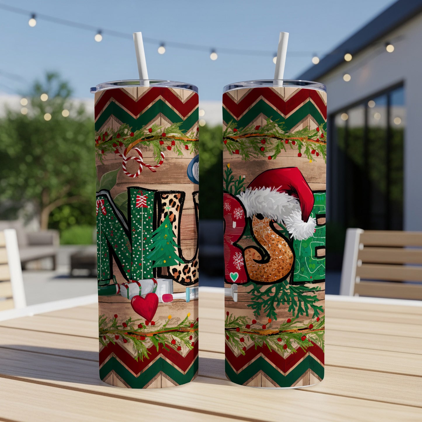 Two tumblers with "NURSE" in festive Christmas lettering and holiday icons.