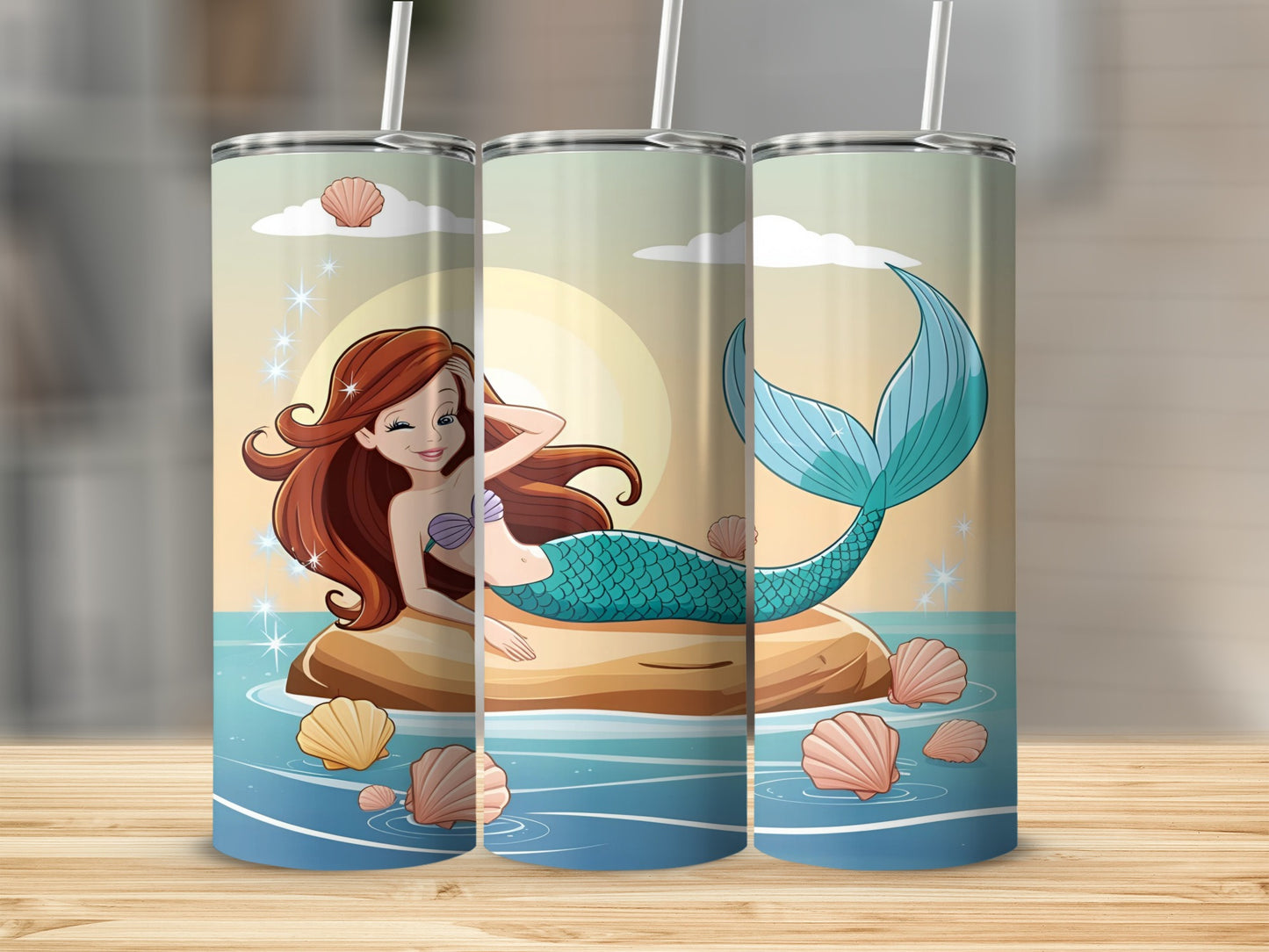 Mermaid on a rock with seashells and sparkling water.
