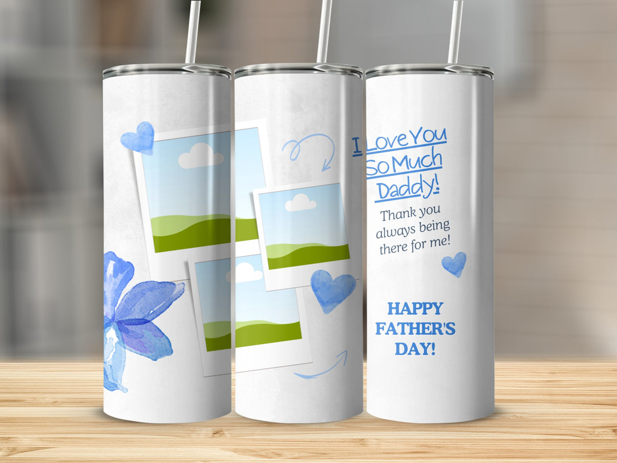 Tumblers with blue hearts, watercolor flowers, and text for Father's Day.