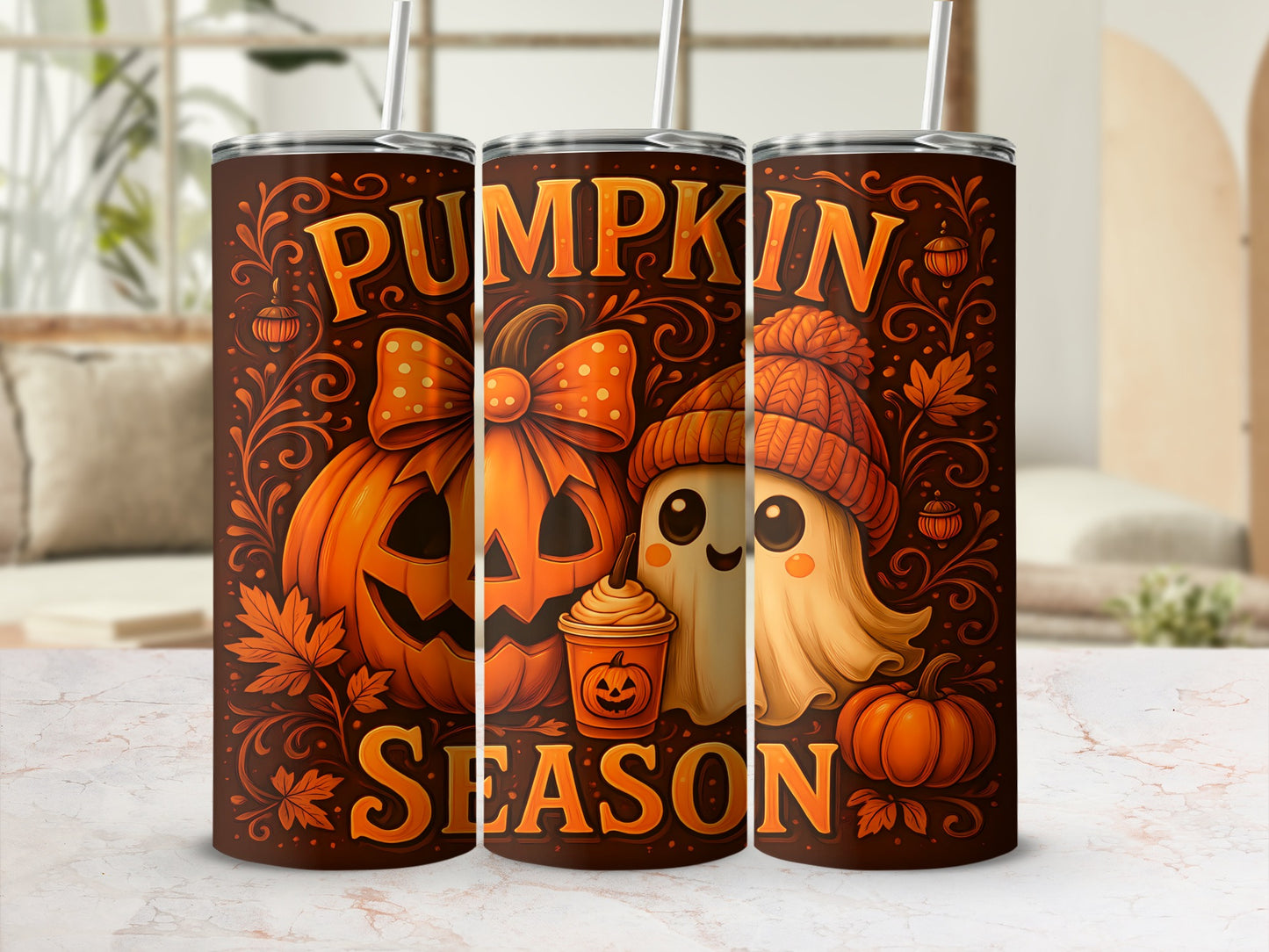 Halloween themed tumbler with jack-o-lantern, ghost, pumpkin drink, and text "Pumpkin Season".