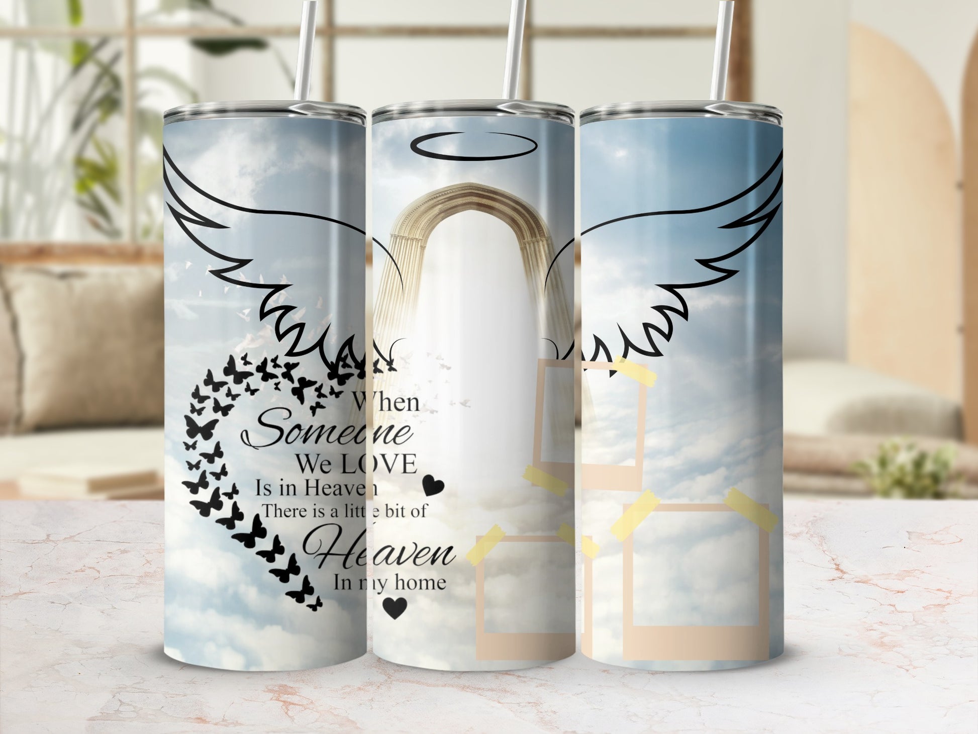 Three tumblers with angel wings, clouds, and the text "When Someone We LOVE Is in Heaven".