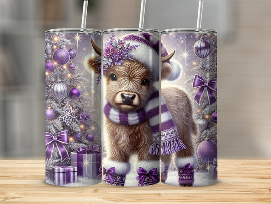Highland cow wearing Santa hat and scarf, surrounded by Christmas decorations.