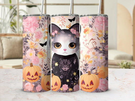 Floral tumbler with a black cat, pumpkins, and butterflies.