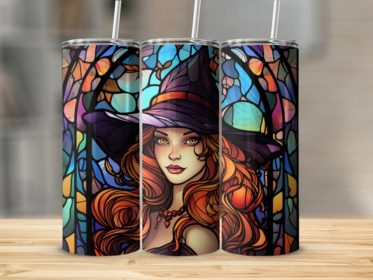 Witch with vibrant red hair and stained glass background on a tumbler.