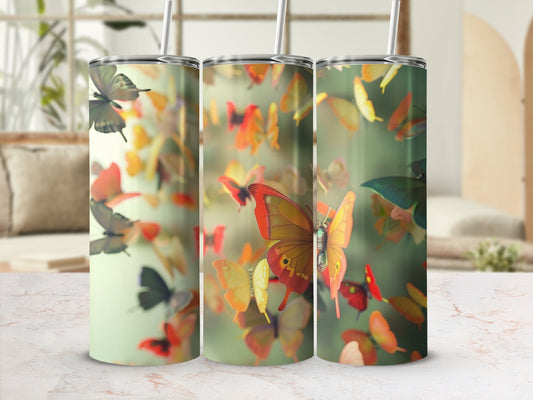 Three tumblers with a colorful butterfly pattern against a blurred background.