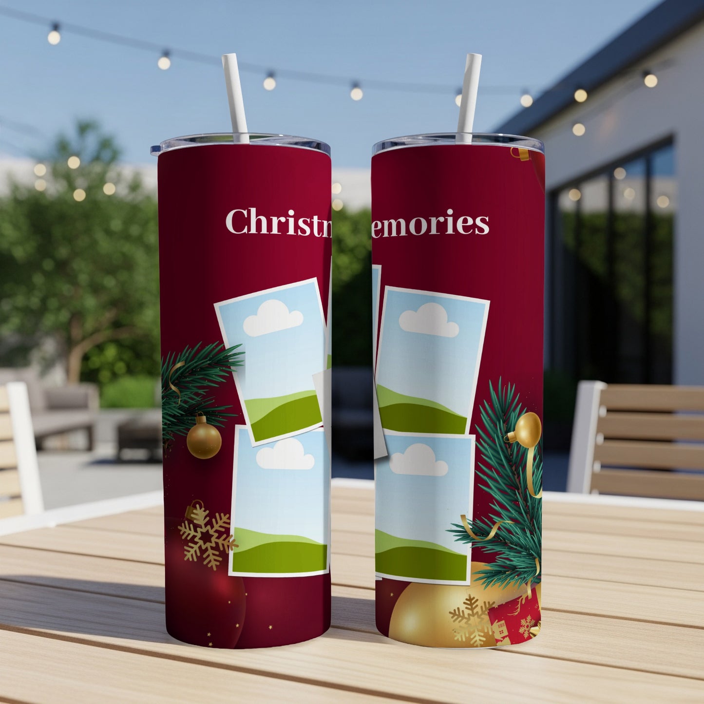 Two maroon tumblers with "Christmas memories" text and photo frames.