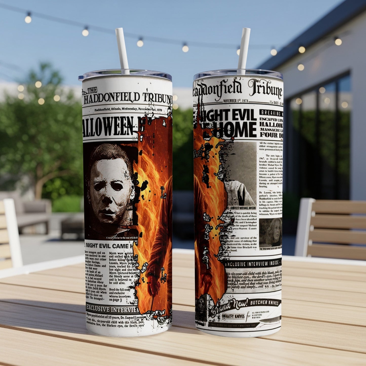 Two tumblers featuring Michael Myers and newspaper headlines about Halloween.