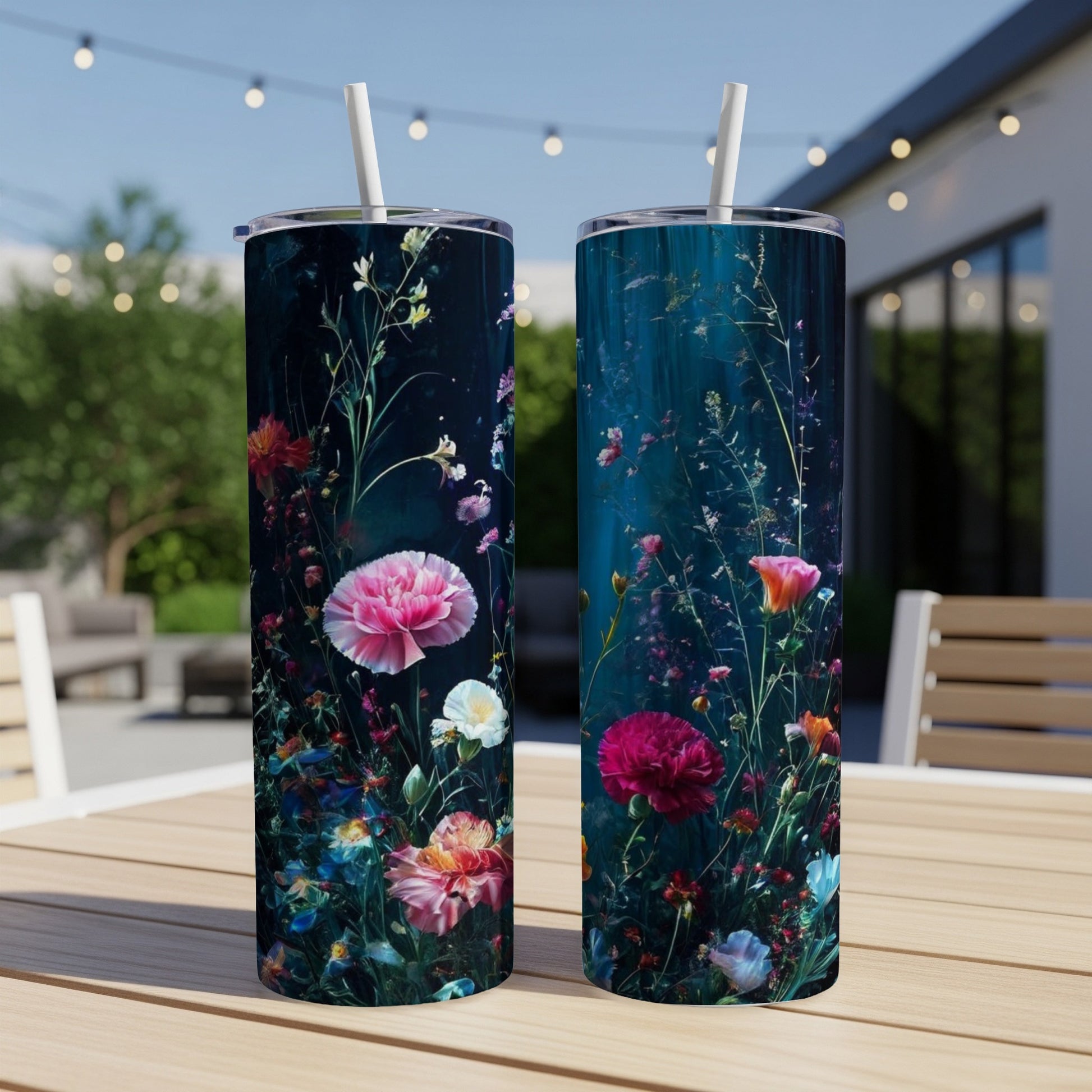 Two tumblers with a dark floral pattern sit on a wooden table.