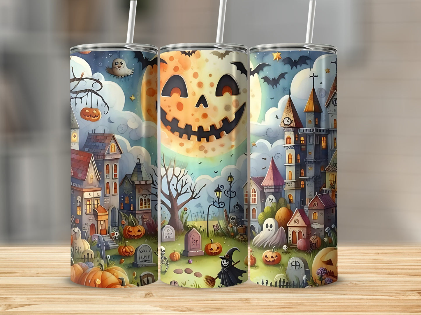 Halloween scene with haunted houses, pumpkins, ghosts, bats, and a jack-o'-lantern moon.