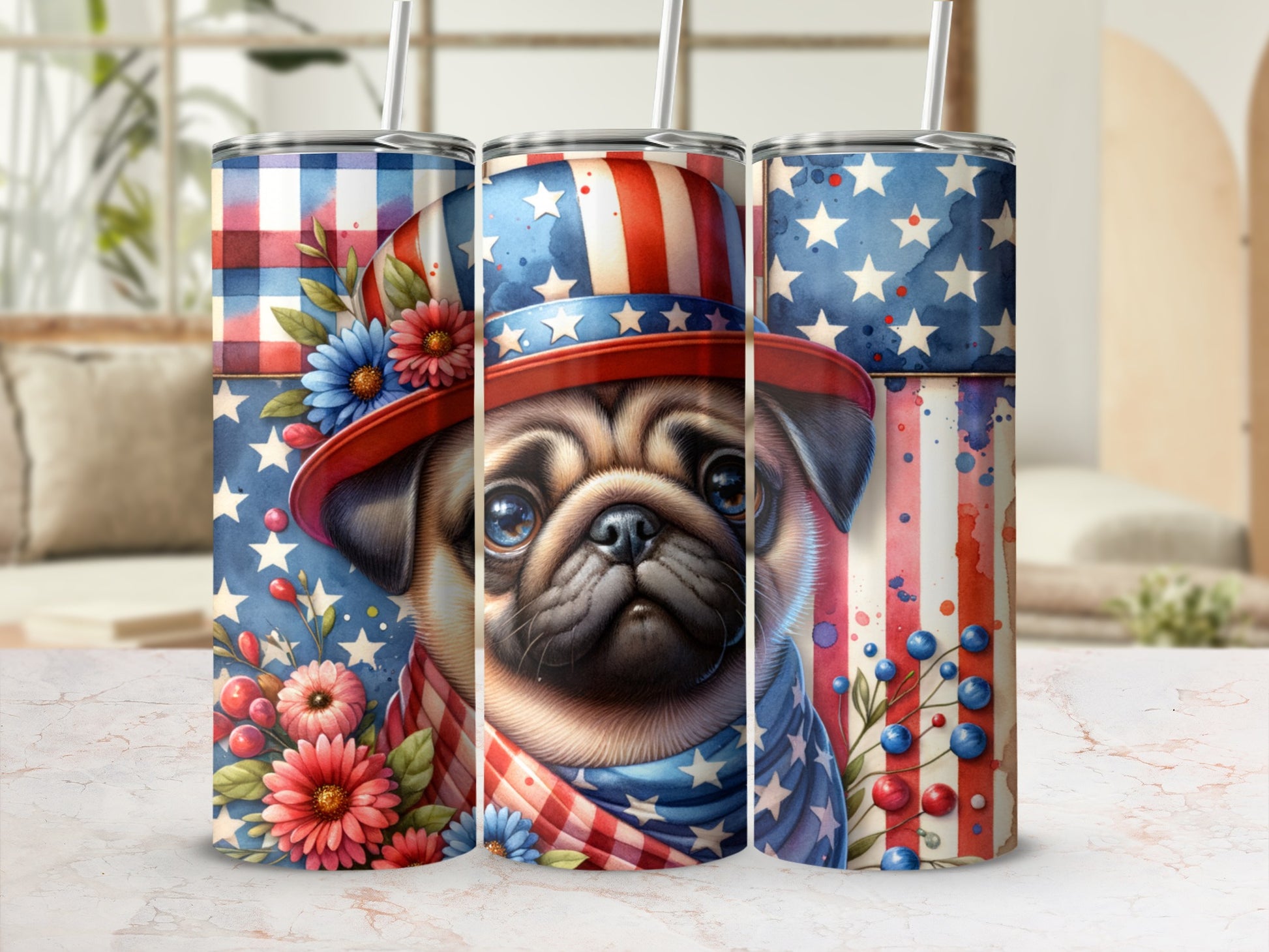 Patriotic pug wearing a star-spangled hat and bandana, surrounded by flowers.