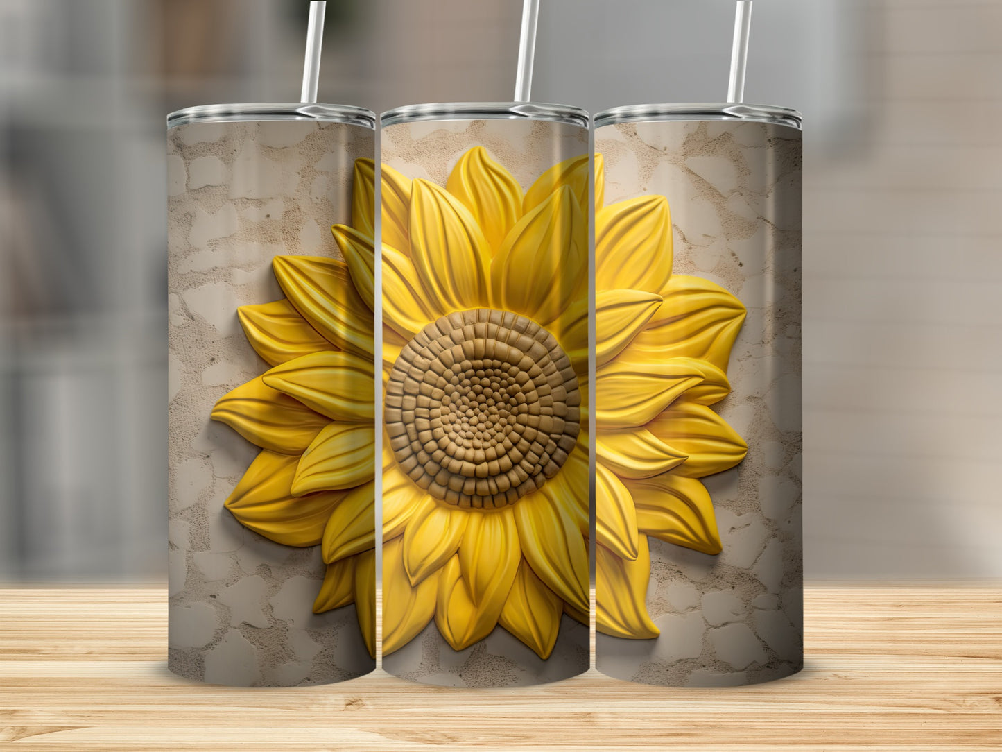 Three tumblers with a 3D sunflower design on a textured background.