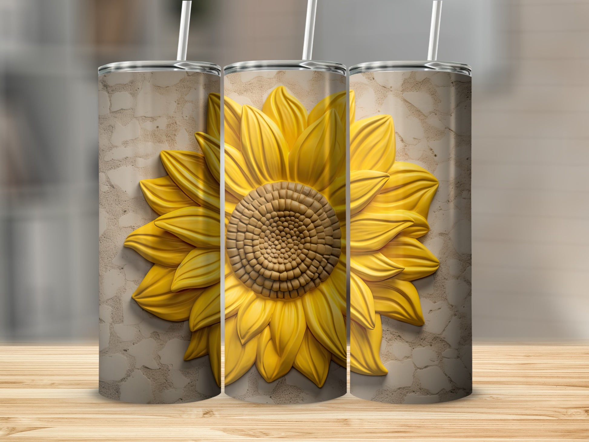 Three tumblers with a 3D sunflower design on a textured background.