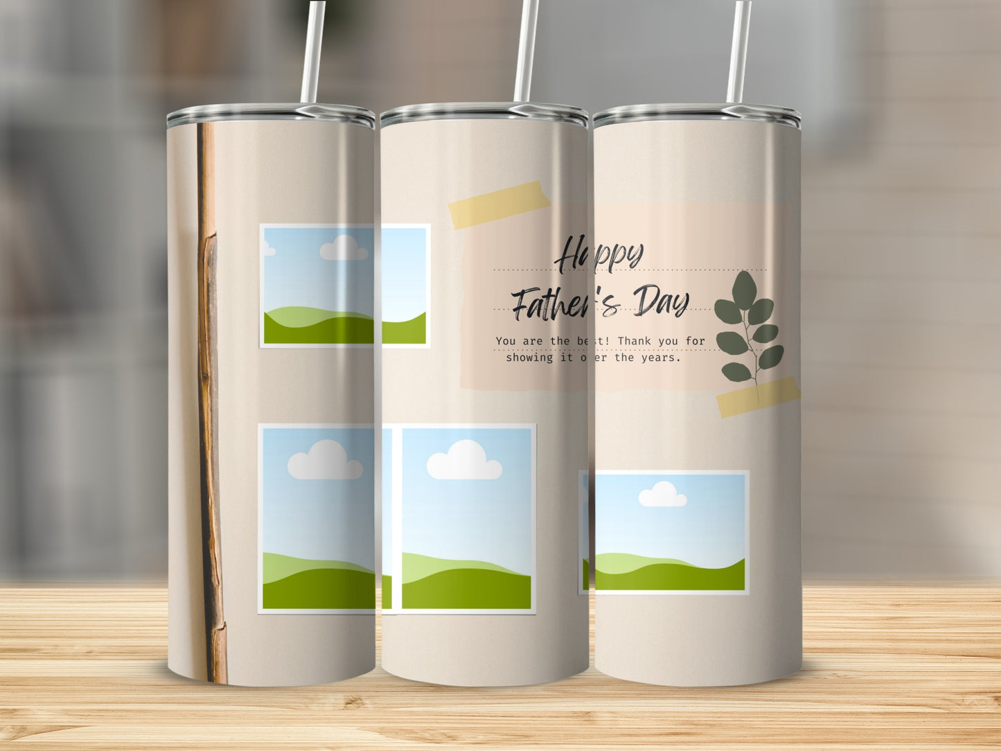 Tumblers with "Happy Father's Day" text and photo placeholders.