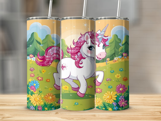 Unicorn with pink mane and tail on grassy hill with flowers.