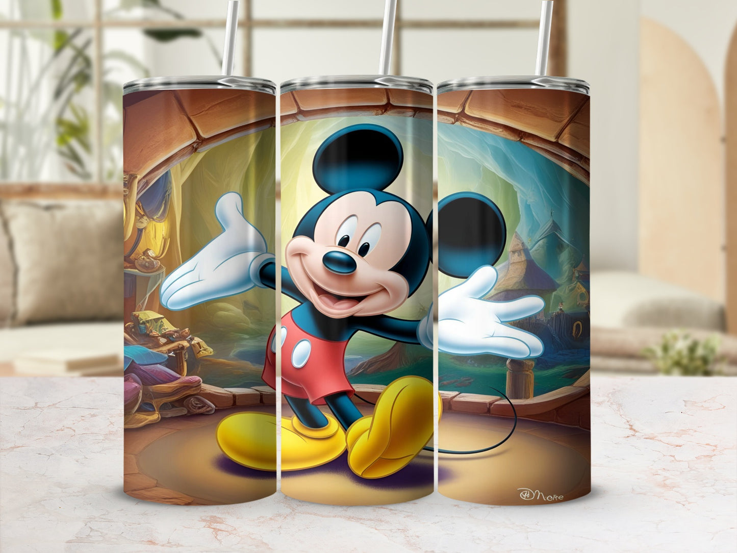 Mickey Mouse in red shorts and yellow shoes, a tumbler design.