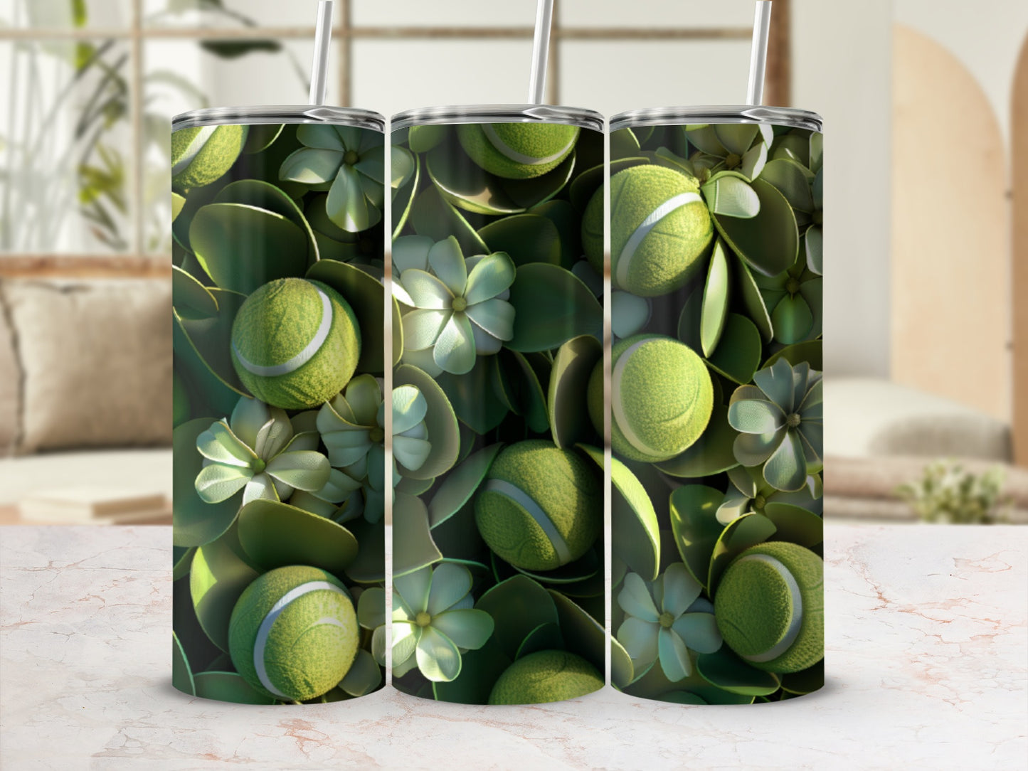 Tennis balls and green leaves with small white flowers on a textured background.