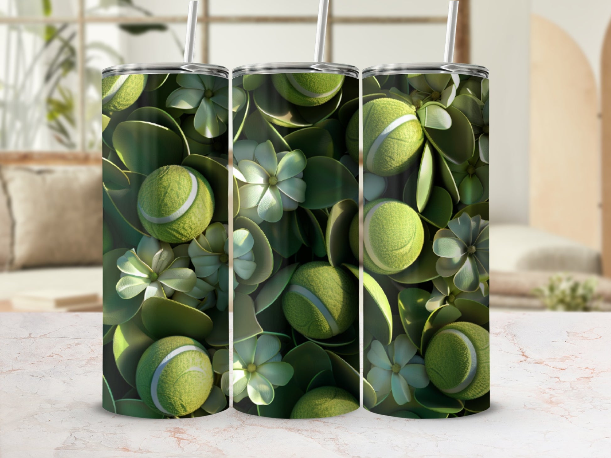 Tennis balls and green leaves with small white flowers on a textured background.
