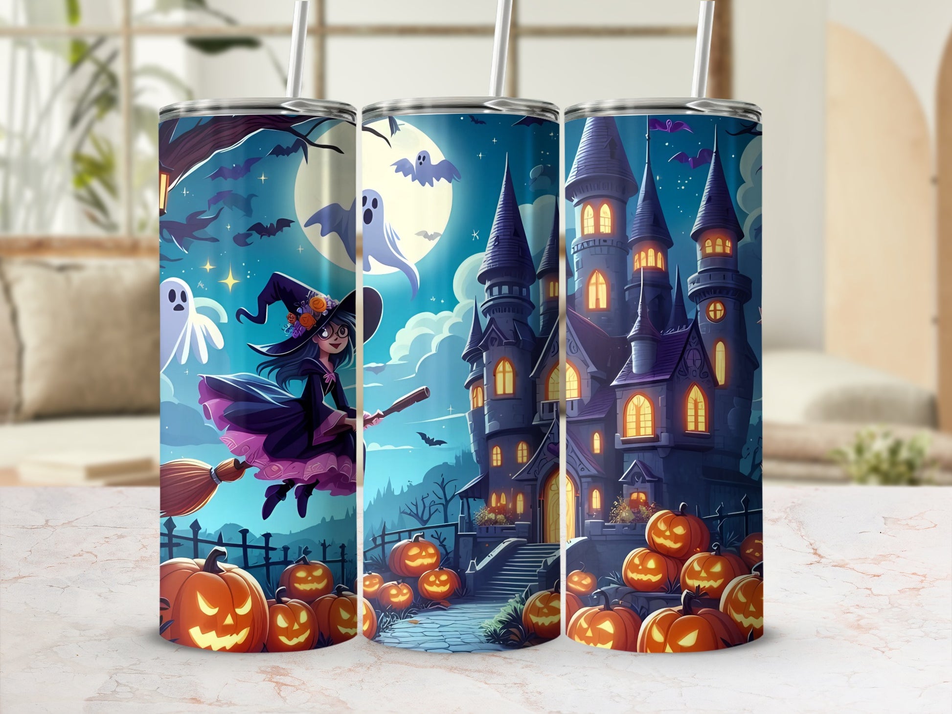 Halloween tumbler with witch, ghosts, bats, castle, and pumpkins.