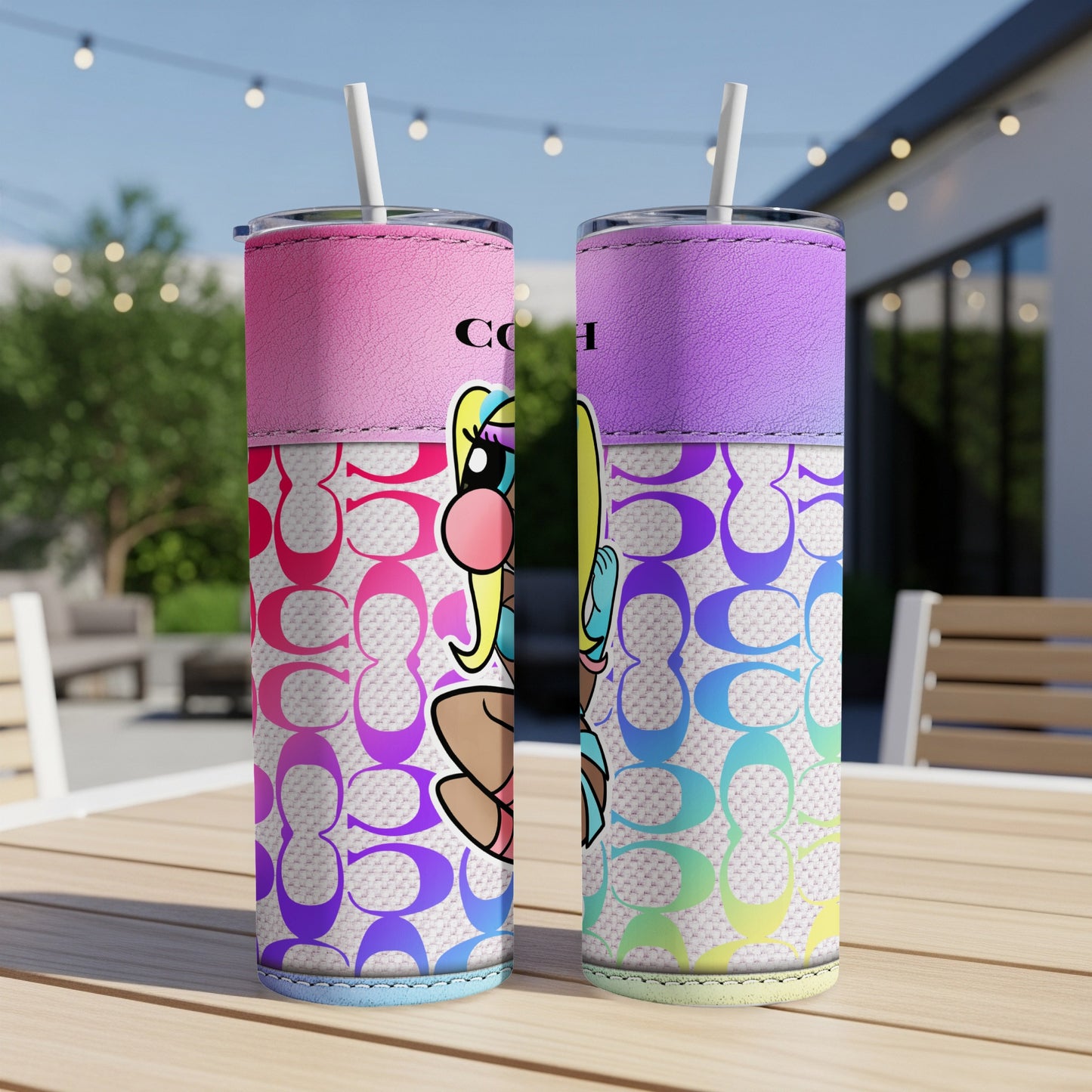 Two tumblers with cartoon characters and colorful gradient Coach logos.