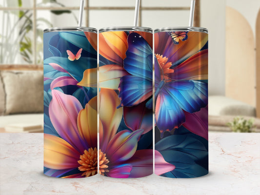 Floral tumbler with butterflies and pink, orange, and blue petals.