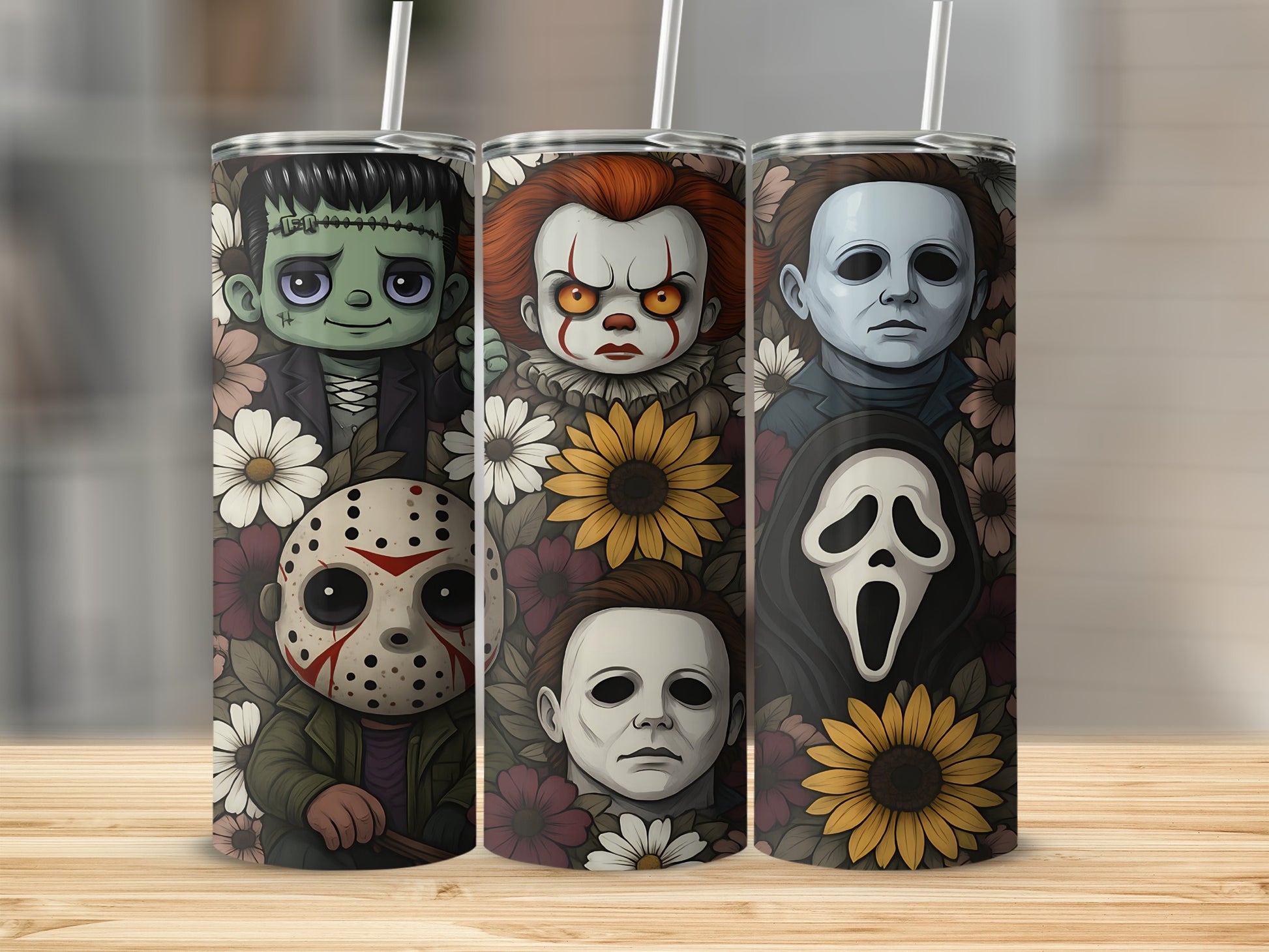 Tumblers with horror characters Frankenstein, Pennywise, Michael Myers, Jason Voorhees, and Ghostface.