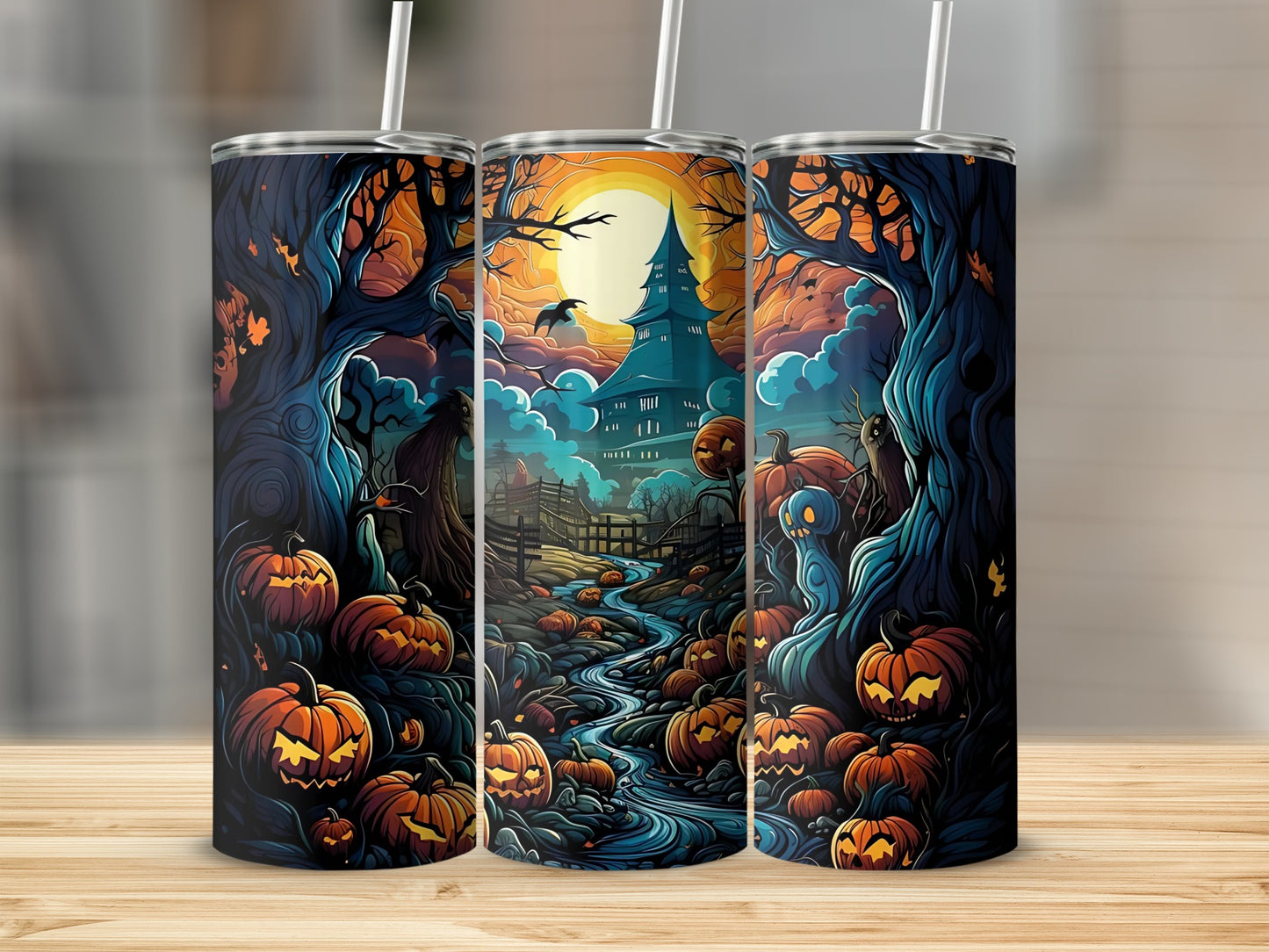 Halloween themed tumbler with spooky trees, pumpkins, a castle, and a ghost.