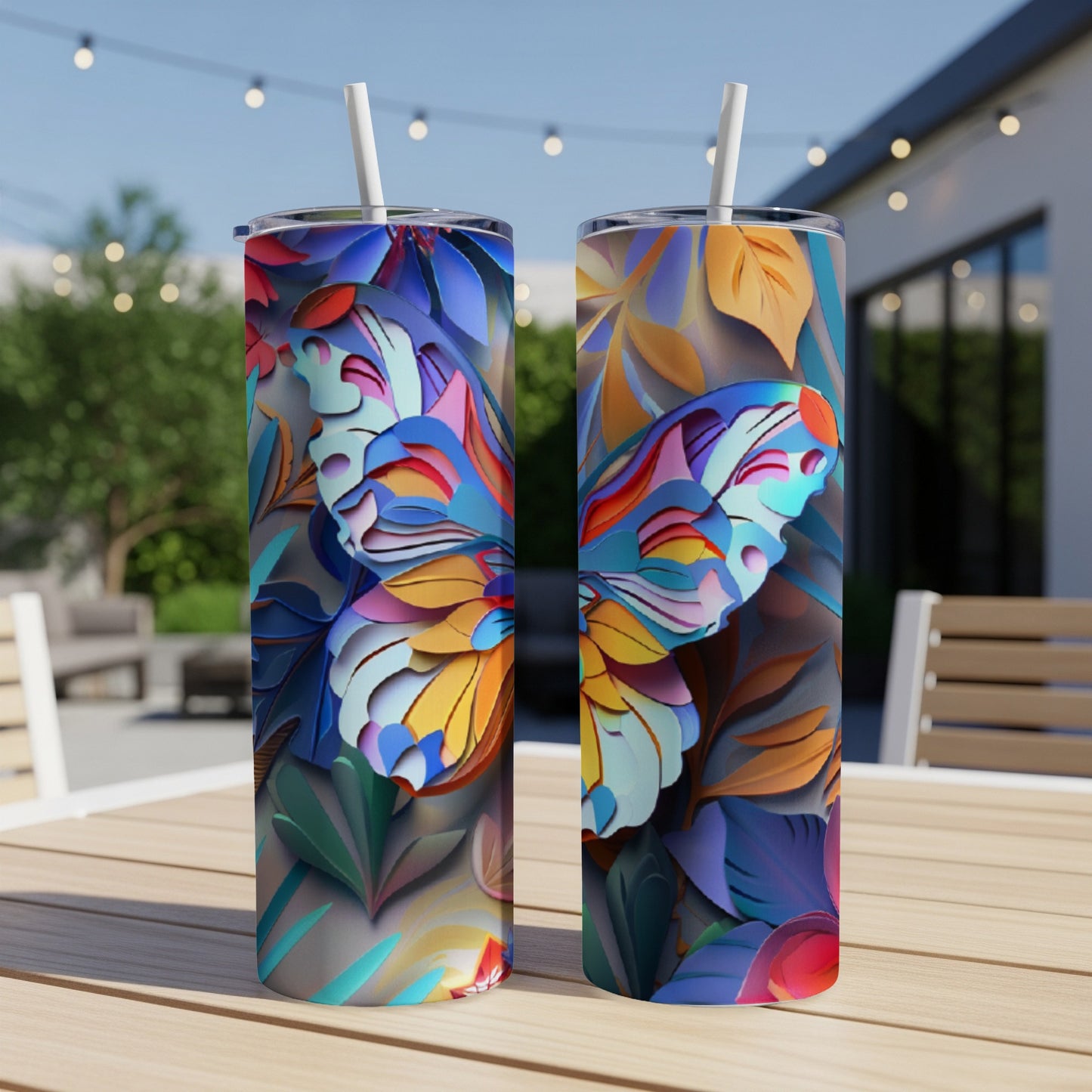 Two tumblers with colorful butterfly and floral abstract art design.