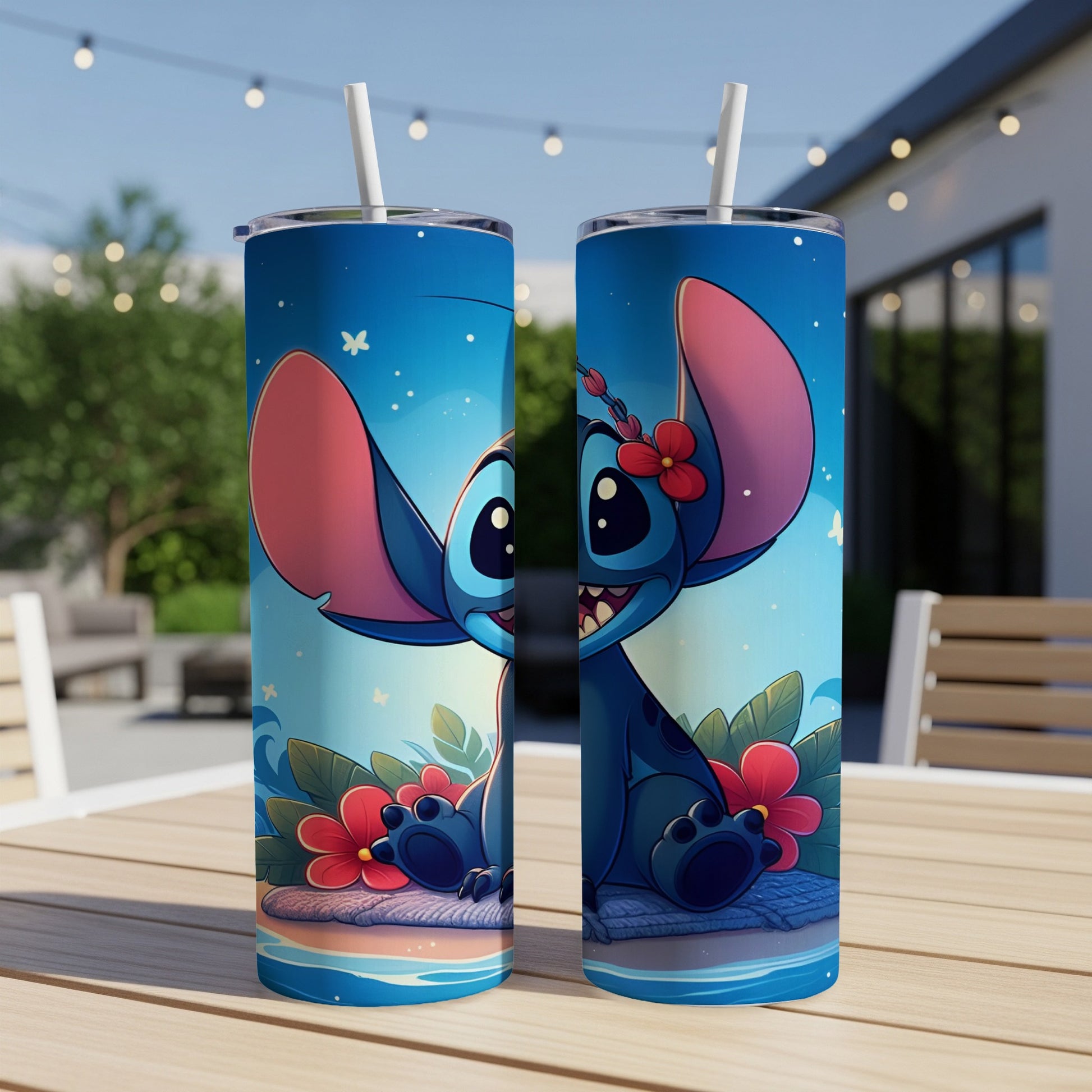 Stitch character on blue background with flowers and straw.