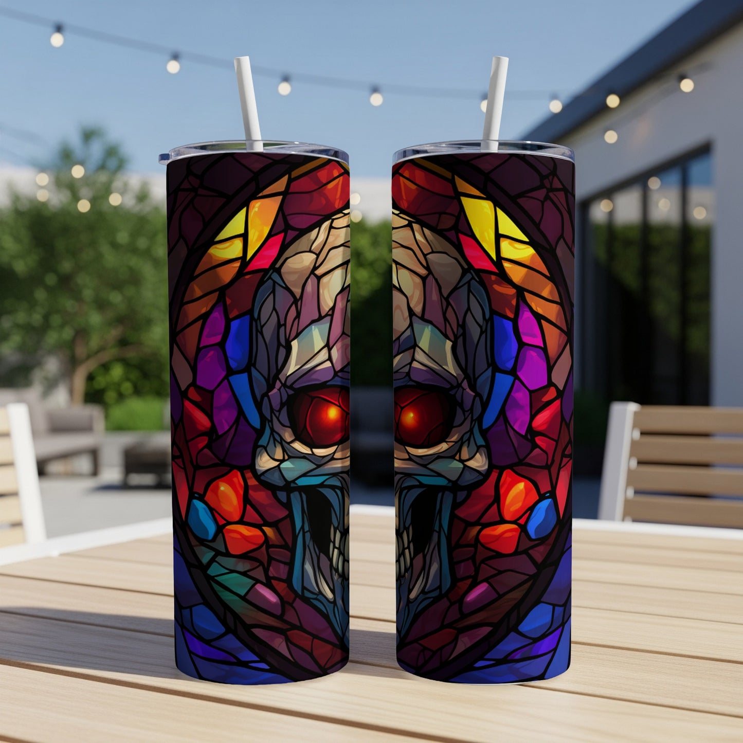 Stained glass skull tumbler with red eyes on outdoor table.