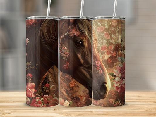 Horse with floral embellishments on a patterned tumbler.