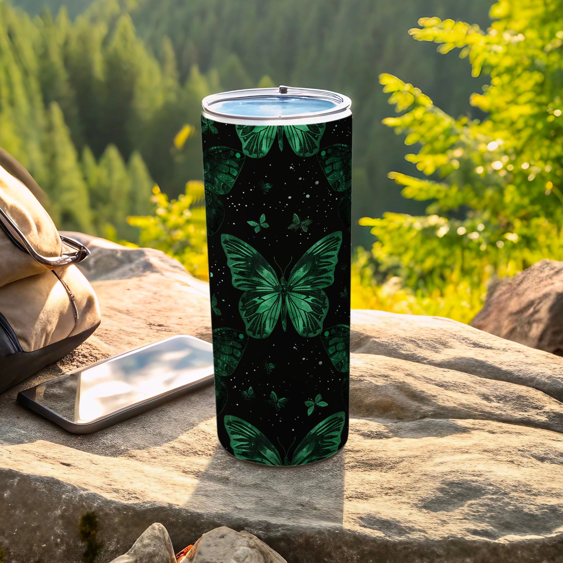 Green Butterfly Design Black Background Tall Tumbler product type