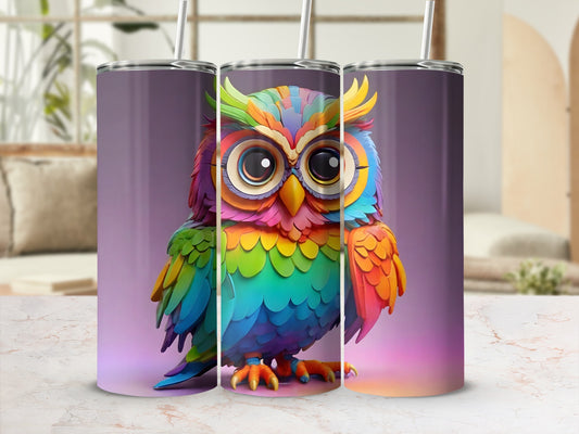Colorful cartoon owl tumbler with straw on display.