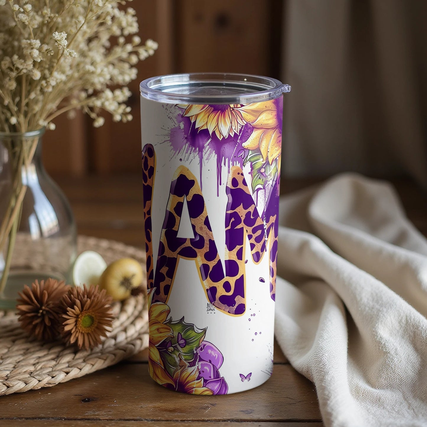 Vibrant Leopard and Sunflower Design Tumbler Cup
