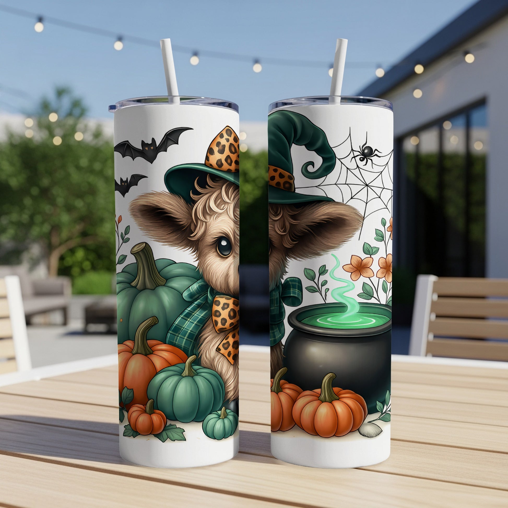 Two tumblers with a Halloween design of a fluffy creature in a witch hat with pumpkins and a cauldron.