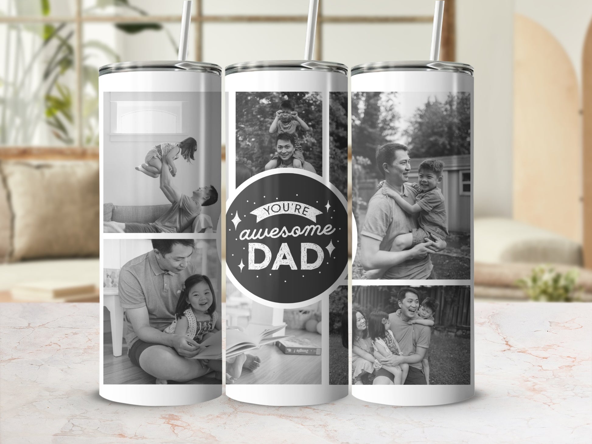 Collage of black and white photos featuring fathers and children with "You're awesome DAD" text.