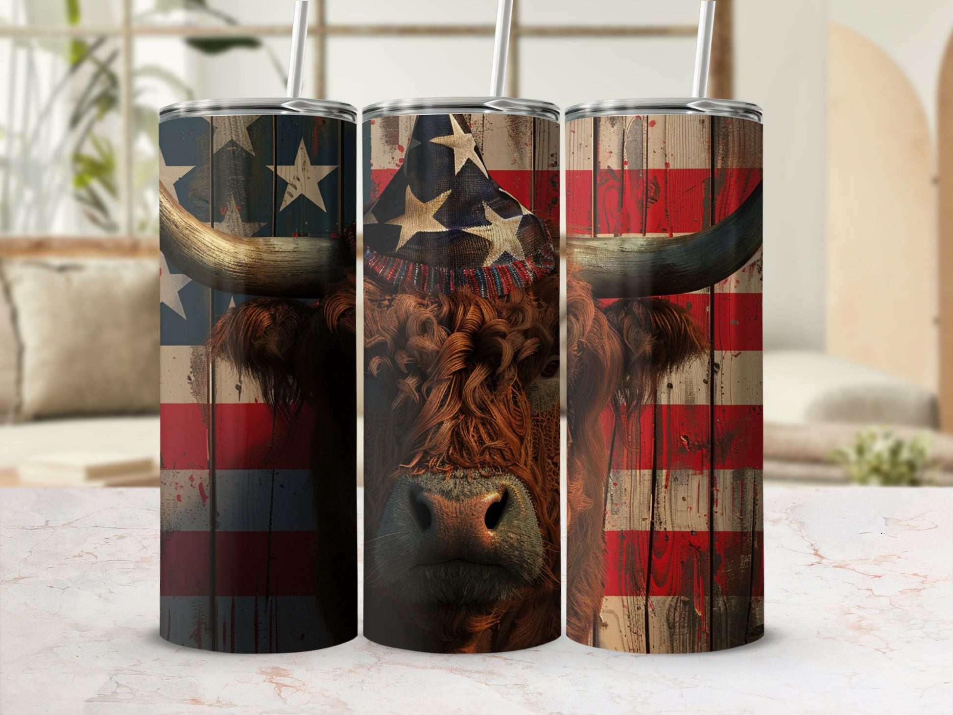 Three tumblers featuring a Highland cow with American flag design.