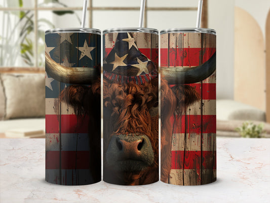 Three tumblers featuring a Highland cow with American flag design.