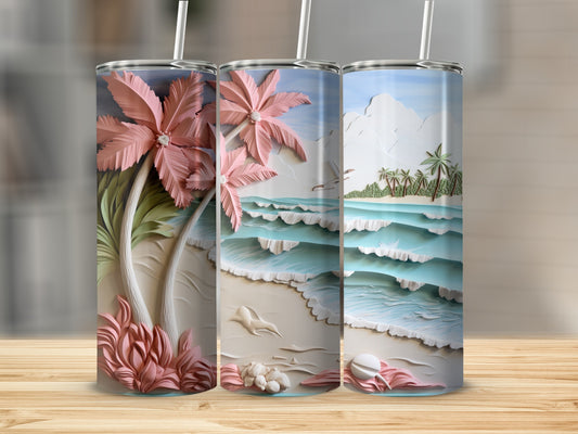 Three tumblers with tropical beach scenes, palm trees, and waves.
