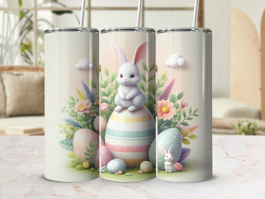 Easter bunny on striped egg with pastel flowers and decorative eggs.
