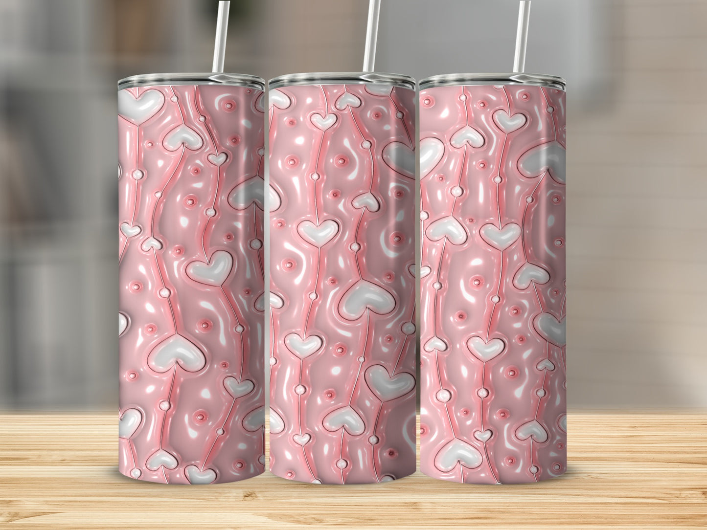 Pink Heart Patterned Tumbler With Straw 20oz Cup