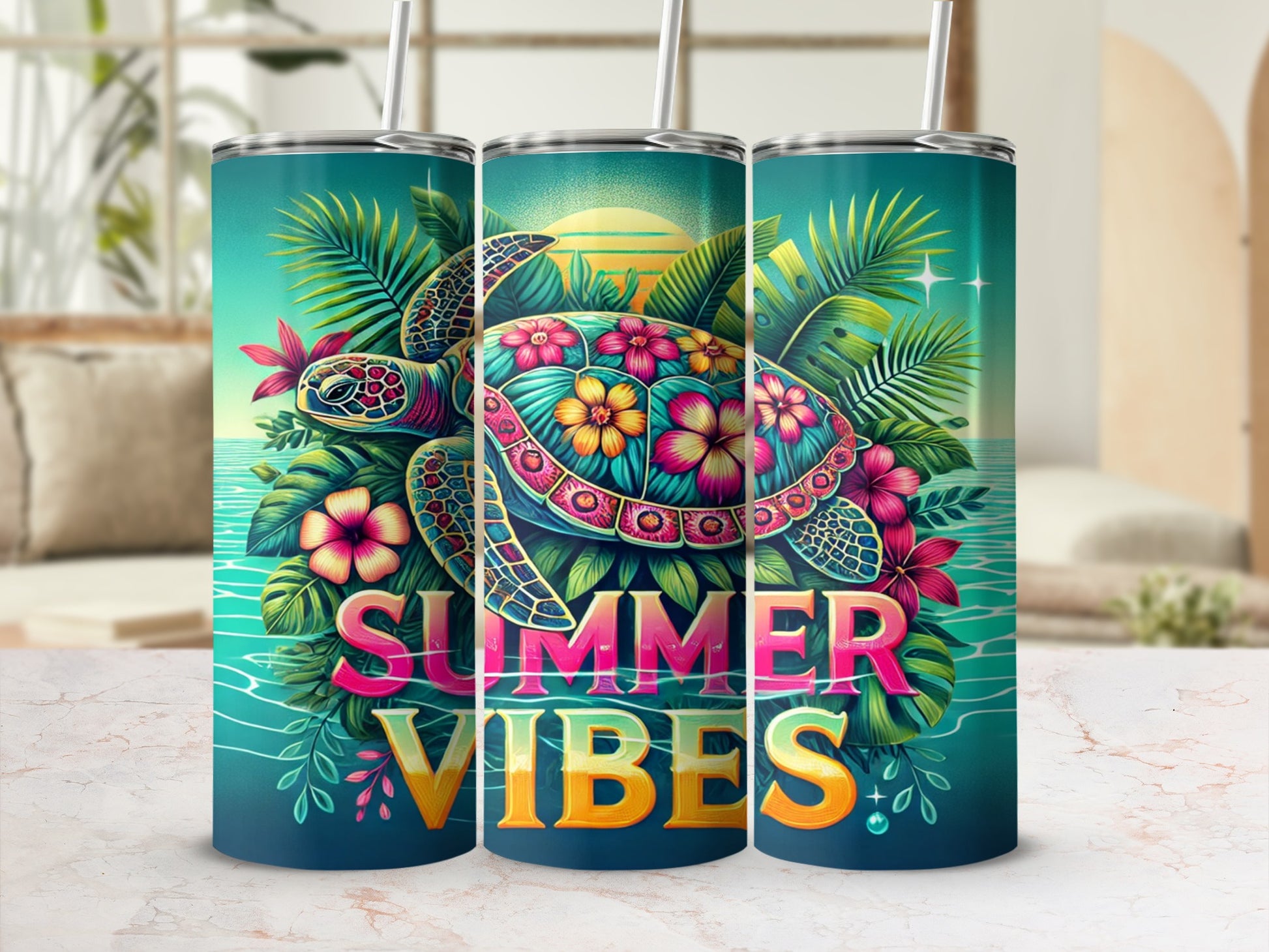 Summer Vibes Tropical Turtle Floral Design Tumbler