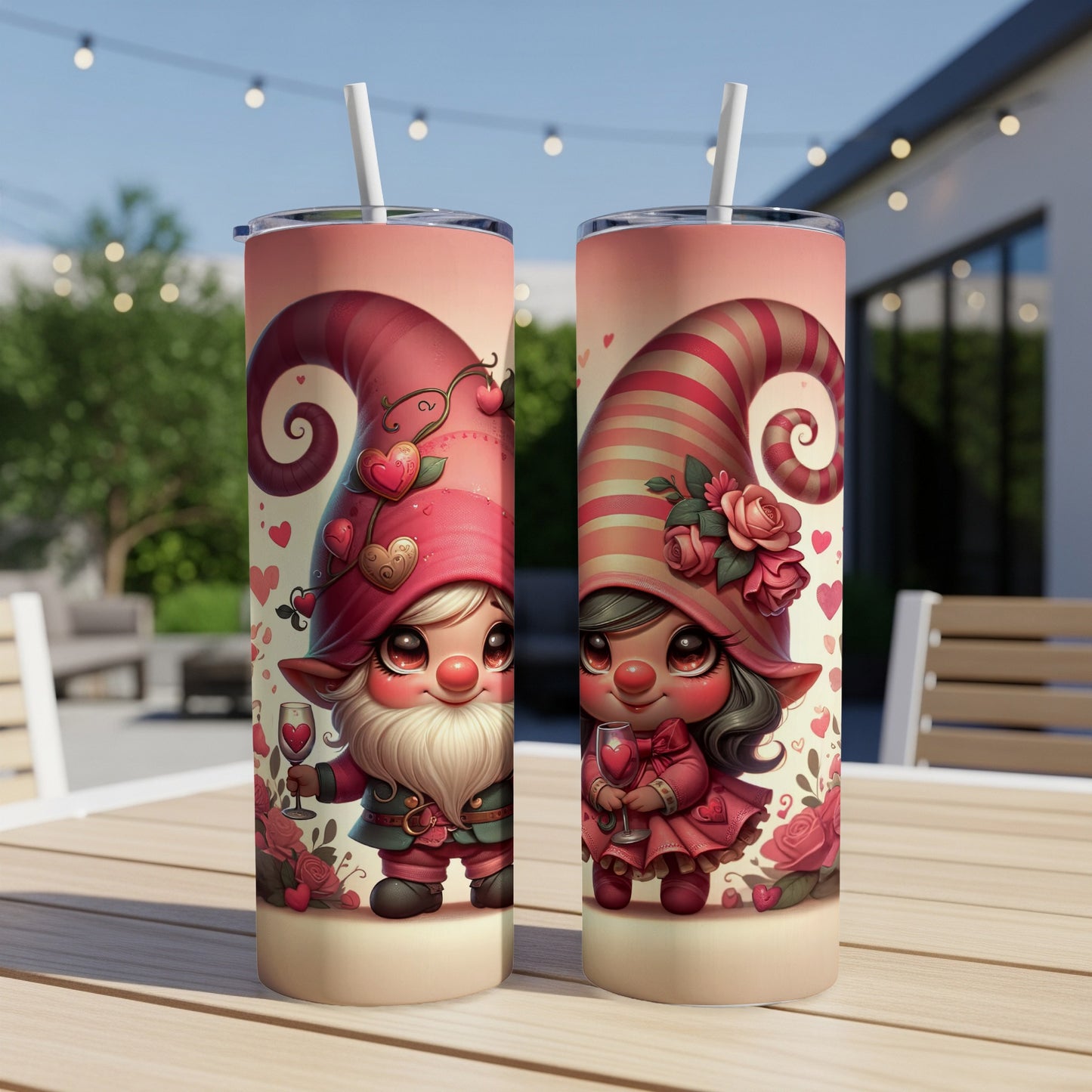 Two gnomes with wine glasses on a table, Valentine's Day theme.