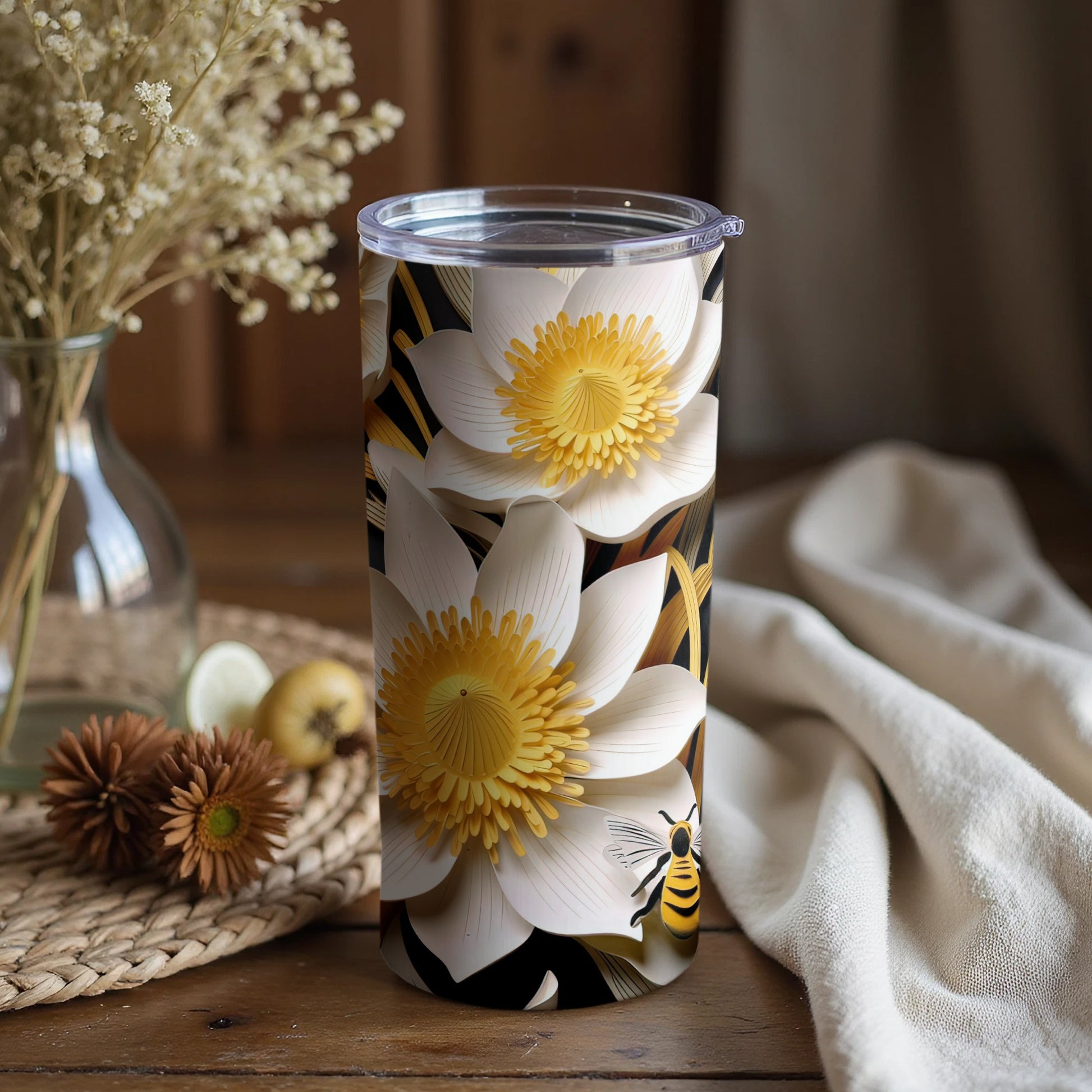 White Lotus and Bee Patterned Travel Mug