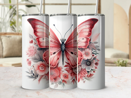 Three tumblers featuring a large pink butterfly surrounded by floral elements.
