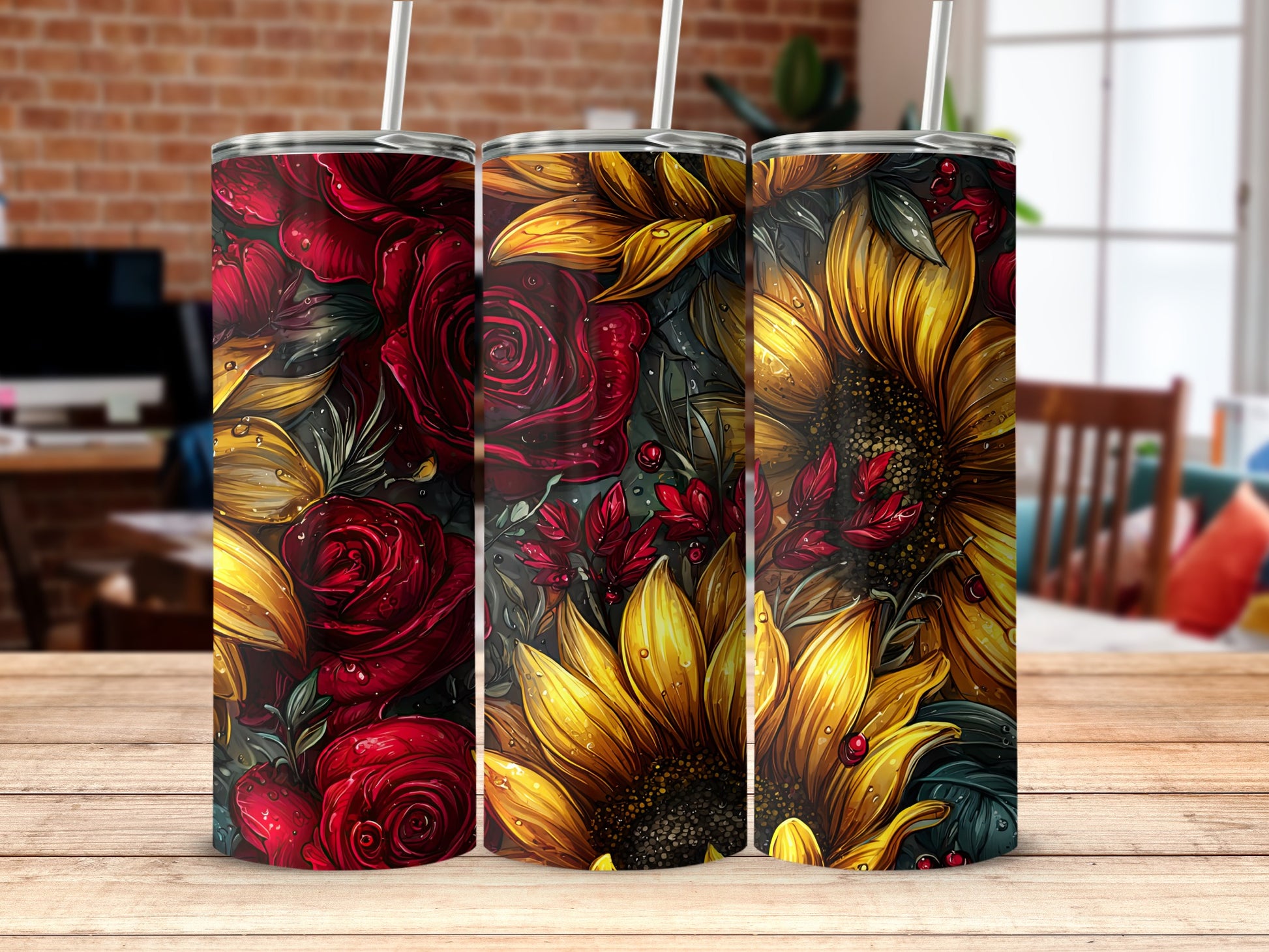 Vibrant Floral Red Rose and Sunflower Tumbler