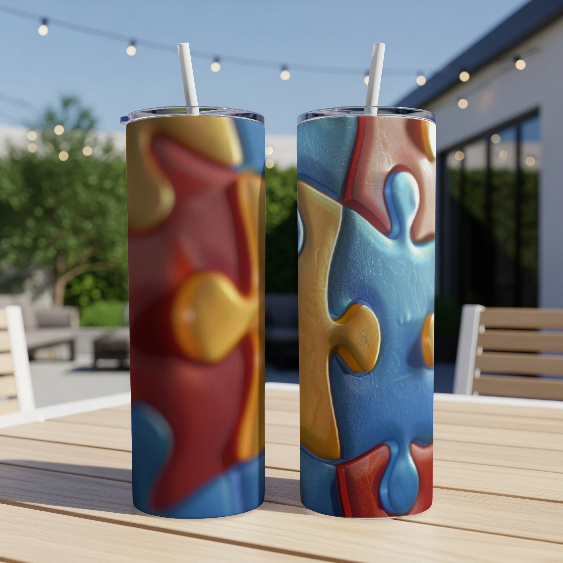 Two tumblers with autism puzzle piece patterns sit on a table outdoors.