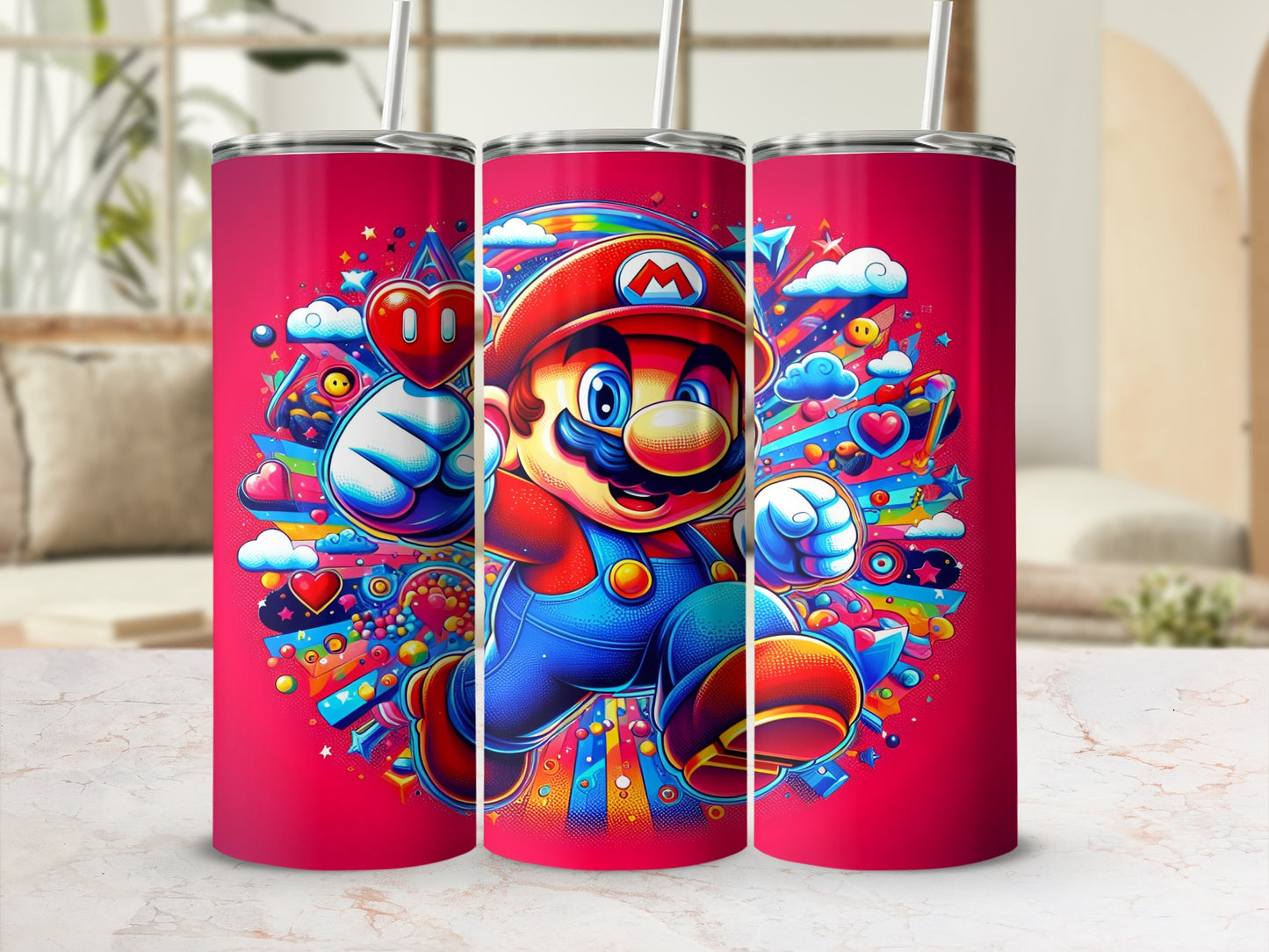 Super Mario running with hearts and colorful shapes on a pink background.
